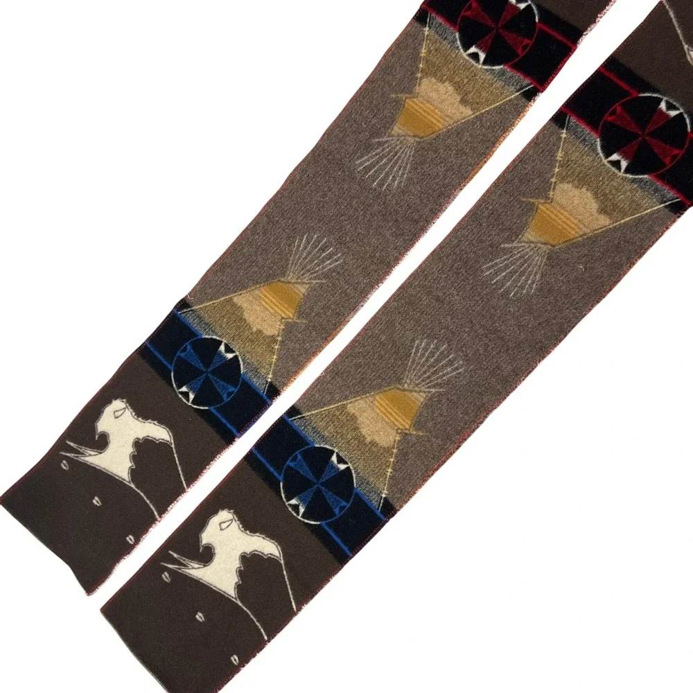 Vintage Southwestern Reversible Scarf (2) Teepee Medicine Wheel Brown Cream 61x9